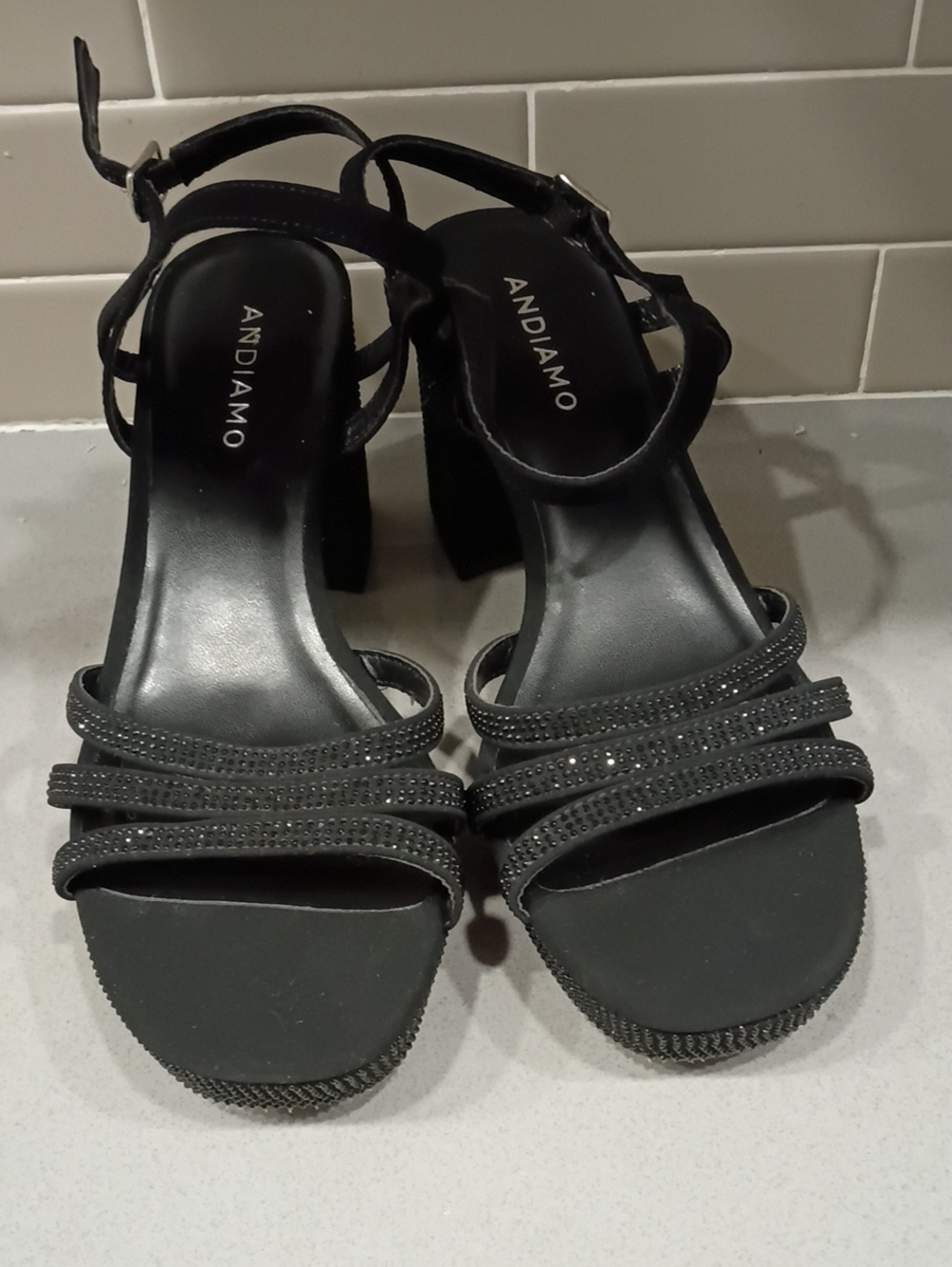 Andiamo Black Strappy Block Heel Sandals with Embellished Front Straps